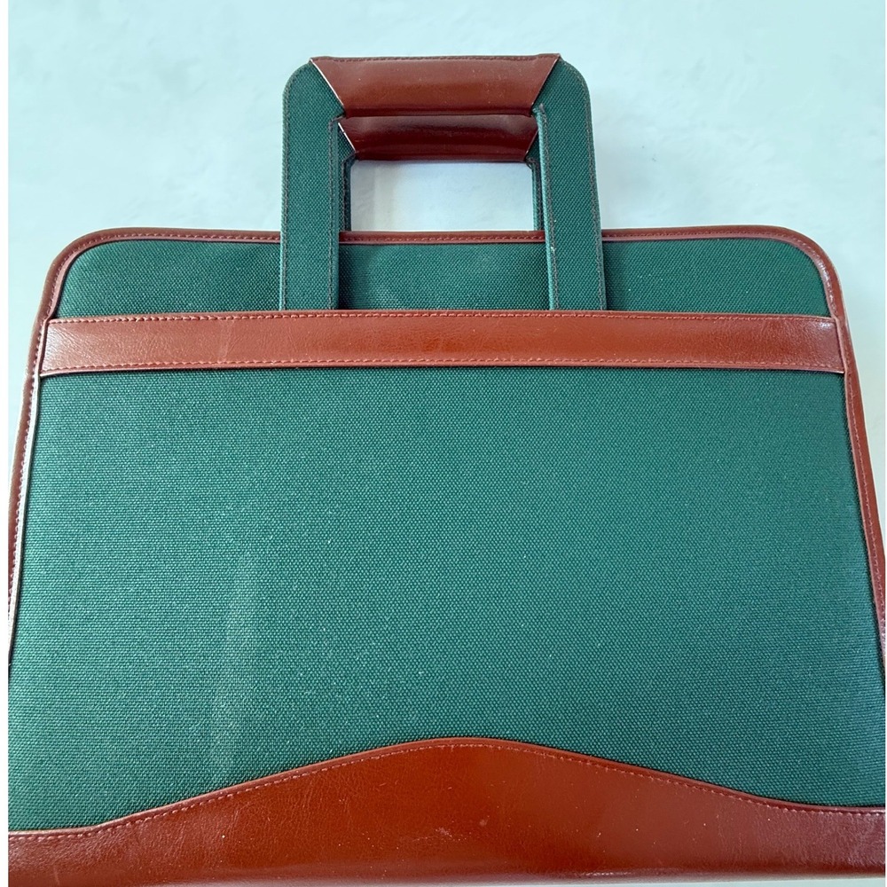 VTG Green Canvas Faux Leather Zip Portfolio Binder Organizer Briefcase Handles - Picture 3 of 8